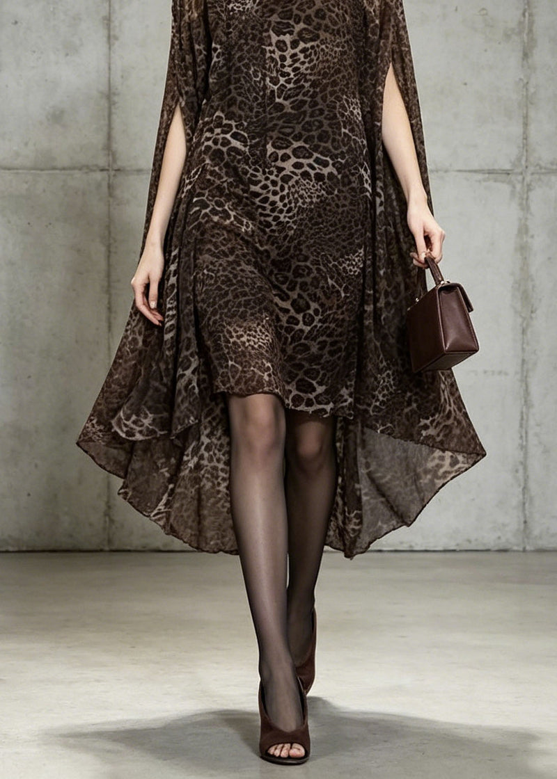 Unique Leopard Print Slash Neck Chiffon Dress Batwing Sleeve