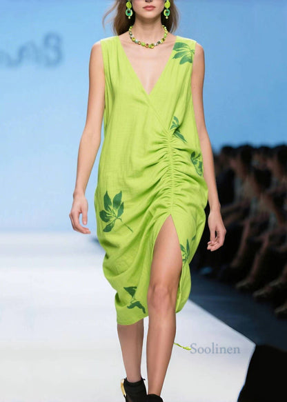 Unique Light Green Side Open Wrinkled Cotton Tea Dresses Summer