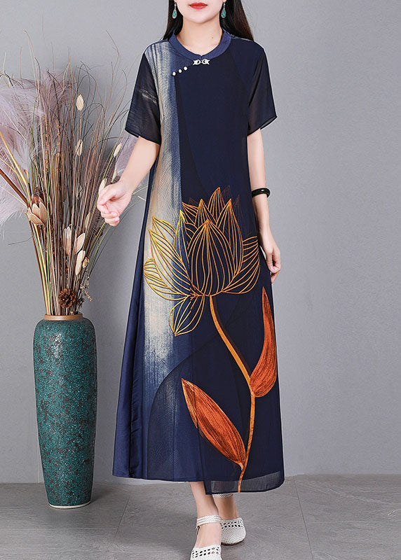 Unique Navy O-neck Print Tulle Patchwork Silk Party Dress Short Sleeve
