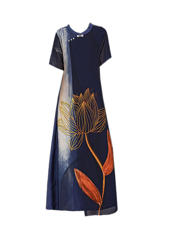 Unique Navy O-neck Print Tulle Patchwork Silk Party Dress Short Sleeve