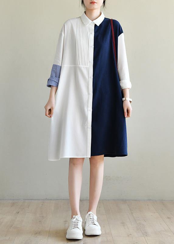 Unique Navy Patchwork White Peter Pan Collar Cotton Spring Mid Dress