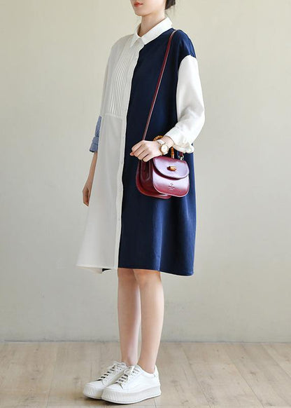 Unique Navy Patchwork White Peter Pan Collar Cotton Spring Mid Dress