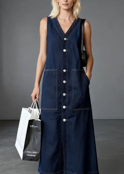 Unique Navy V Neck Side Big Pockets Denim Straight Dresses Sleeveless