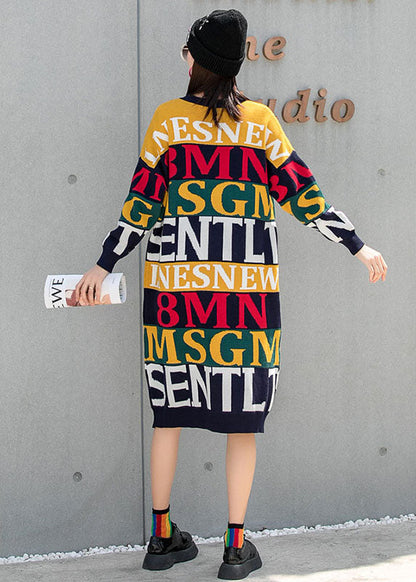 Unique O-neck Loose Graphic Fall Knit Dress Long Sleeve