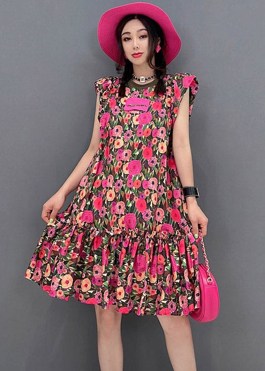 Unique O-neck Print Wrinkled Mid Dresses Short Sleeve