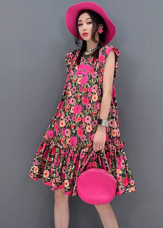 Unique O-neck Print Wrinkled Mid Dresses Short Sleeve