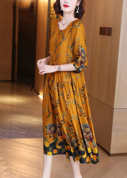 Unique O-neck Print Wrinkled Silk Dresses Long Sleeve