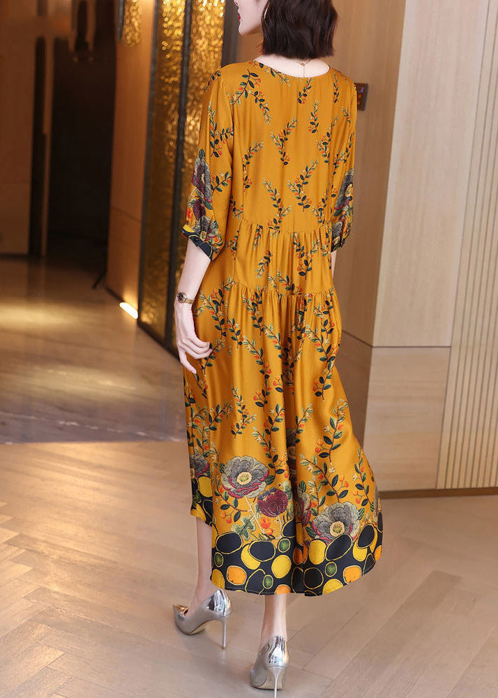 Unique O-neck Print Wrinkled Silk Dresses Long Sleeve