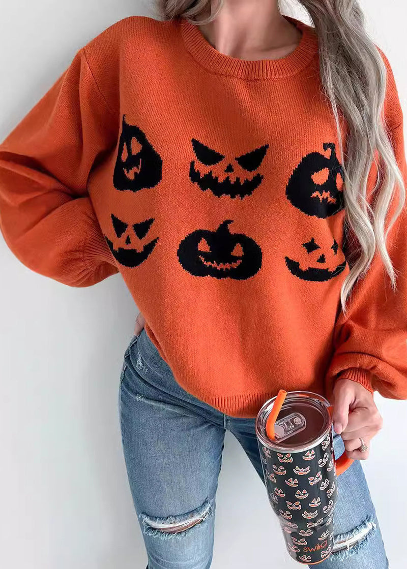 Unique Orange O-neck Print Cotton Knit Sweaters Fall