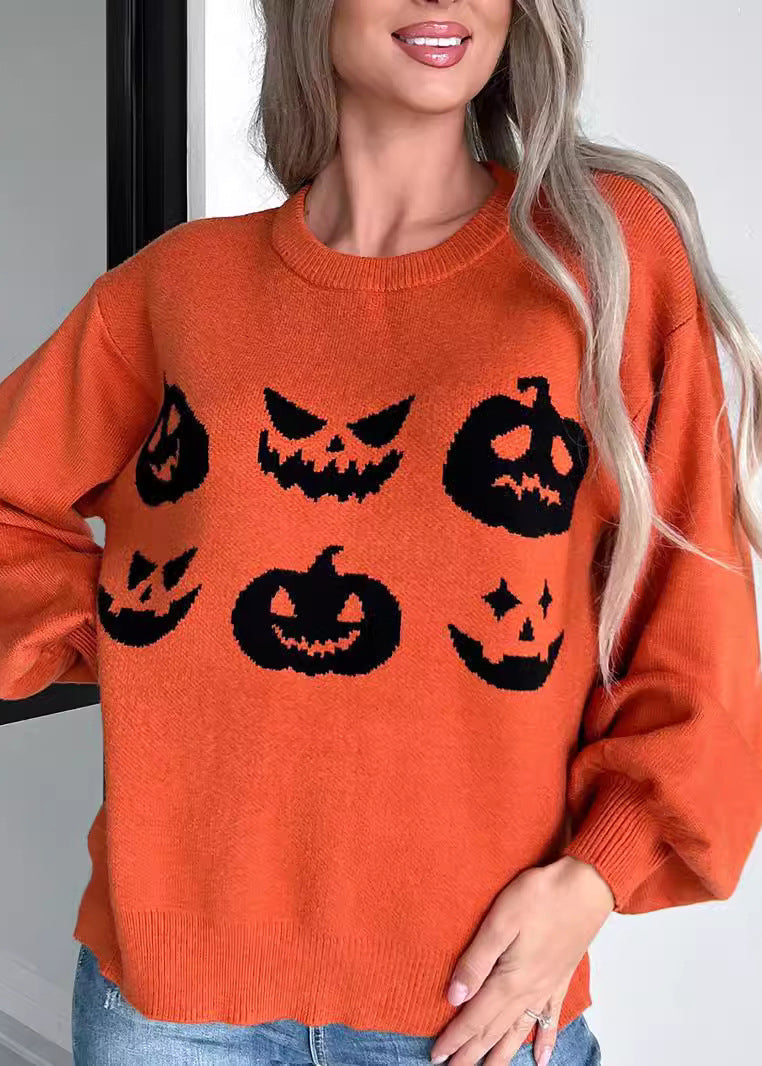 Unique Orange O-neck Print Cotton Knit Sweaters Fall