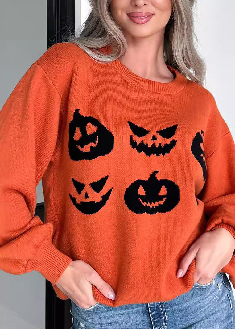 Unique Orange O-neck Print Cotton Knit Sweaters Fall