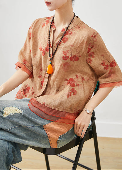 Unique Orange Oversized Patchwork Linen Top Summer