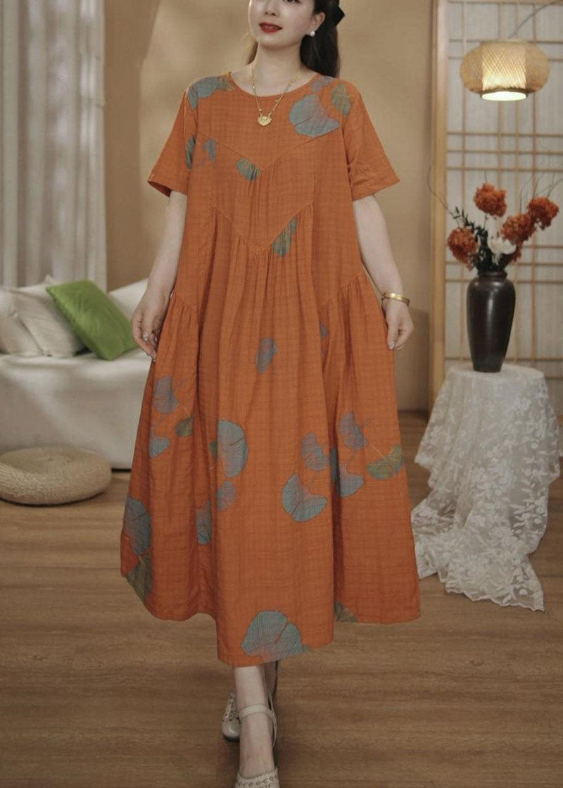 Unique Orange Oversized Print Cotton Maxi Dresses Summer