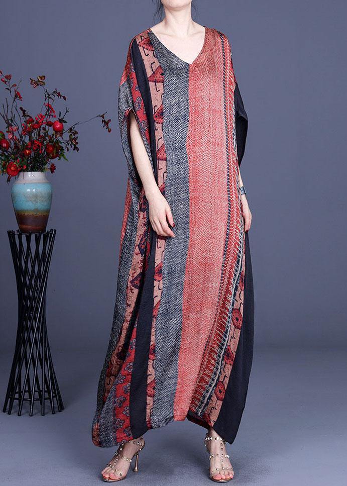 Unique Orange Print Patchwork Summer Silk Maxi Dresses Batwing Sleeve