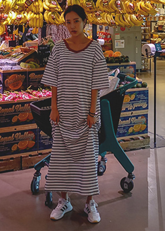 Unique Photo Color O-neck Striped Cotton Long Dresses Half Sleeve