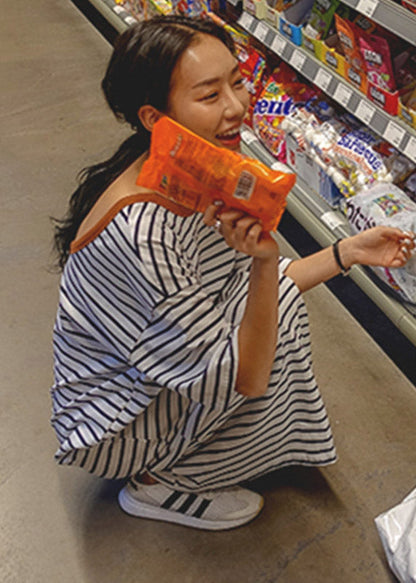 Unique Photo Color O-neck Striped Cotton Long Dresses Half Sleeve