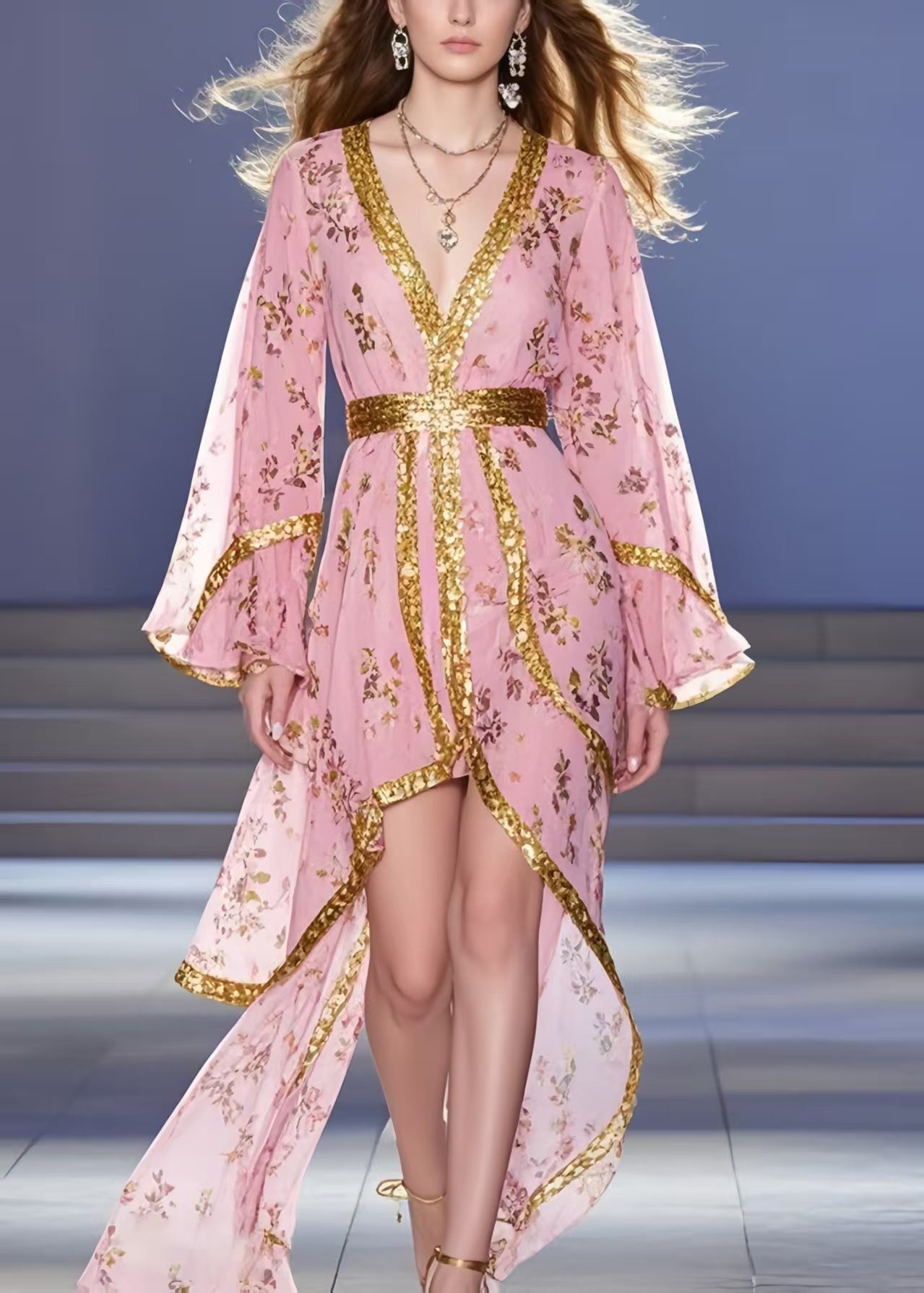 Unique Pink Asymmetrical Print Chiffon Tunic Dress Summer