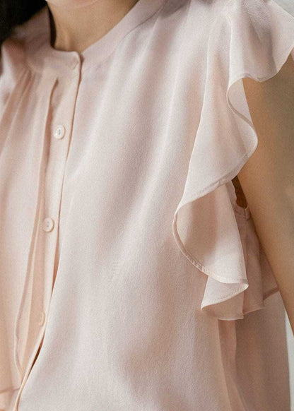 Unique Pink O Neck Patchwork Silk Top Butterfly Sleeves