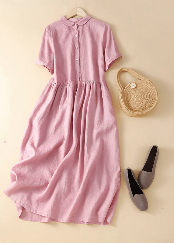 Unique Apricot Flowers Peter Pan Collar Wrinkled Linen Holiday Dress Short Sleeve