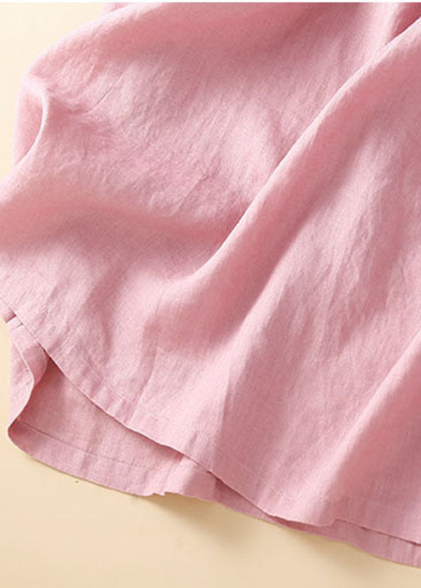 Unique Apricot Flowers Peter Pan Collar Wrinkled Linen Holiday Dress Short Sleeve
