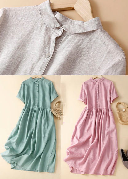 Unique Apricot Flowers Peter Pan Collar Wrinkled Linen Holiday Dress Short Sleeve