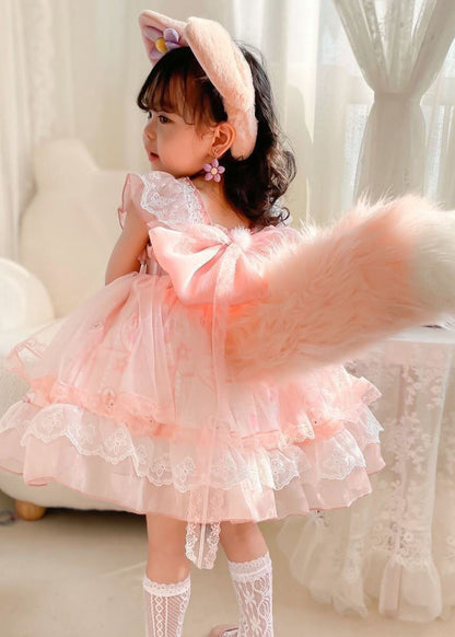 Unique Pink Ruffled Lace Cartoon Print Tulle Baby Princess Dress Summer