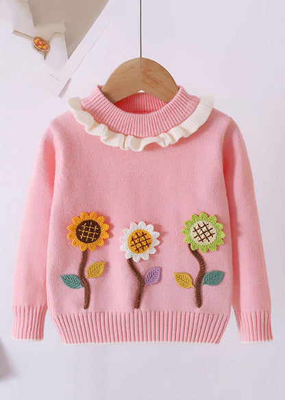 Unique Pink Ruffled the Sunflowers Thick Cotton Knit Kids Sweaters Fall