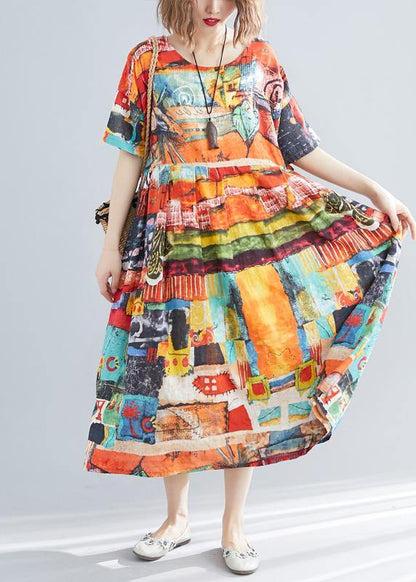 Unique Print O-neck Cotton Loose Summer Mid Dress