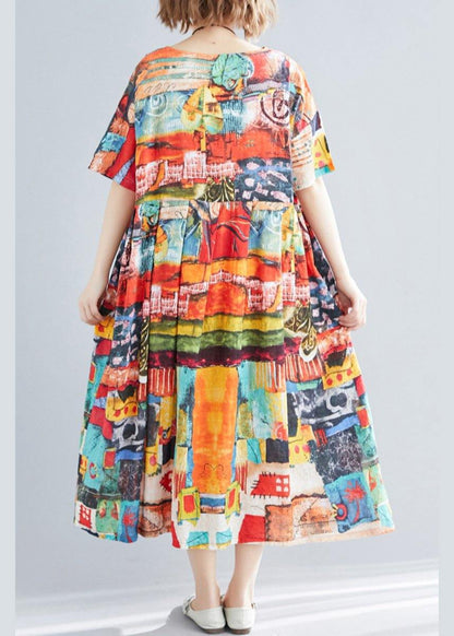 Unique Print O-neck Cotton Loose Summer Mid Dress