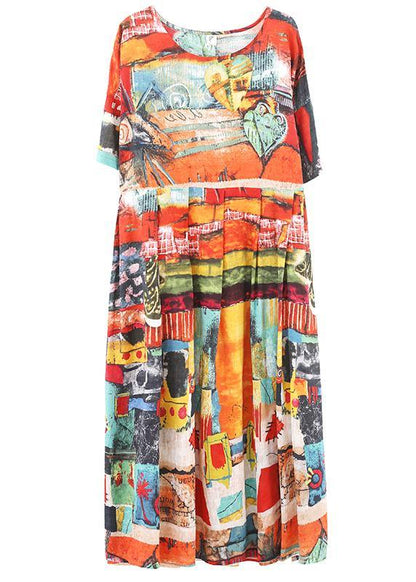 Unique Print O-neck Cotton Loose Summer Mid Dress