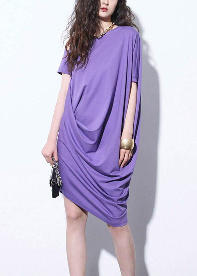 Unique Purple O-neck Asymmetrical Wrinkled Mid Dresses Short Sleeve