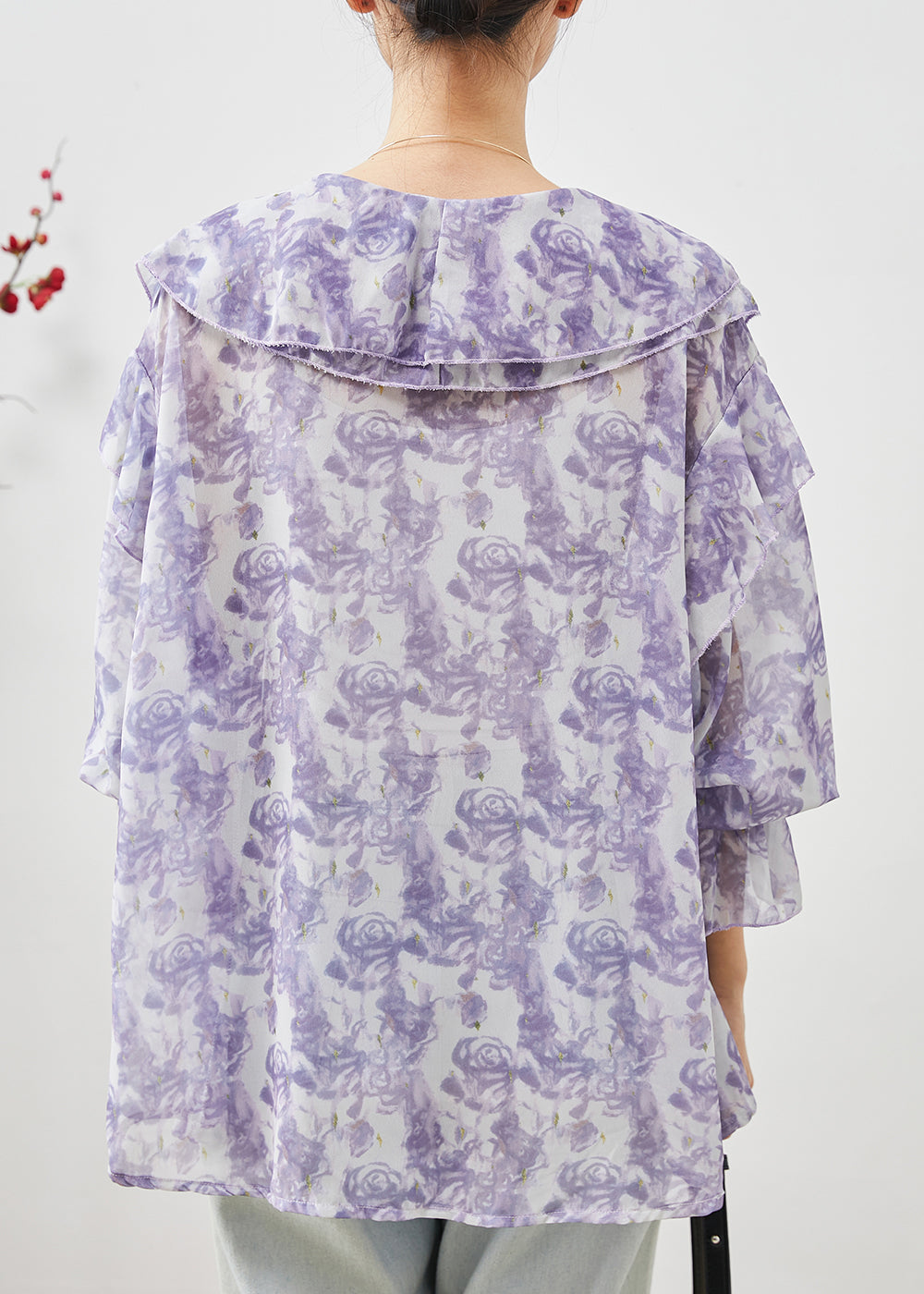 Unique Purple Rose Ruffles Chiffon Shirt Top Spring
