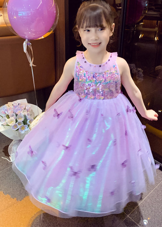 Unique Purple Sequins Butterfly Tulle Kids Robe Dresses Summer
