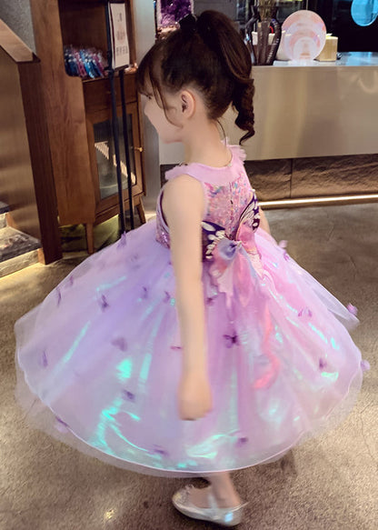 Unique Purple Sequins Butterfly Tulle Kids Robe Dresses Summer