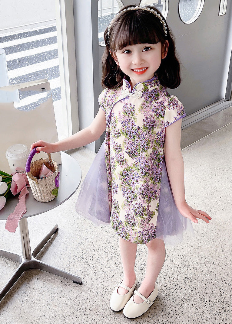 Unique Purple Stand Collar Print Mid Dress Summer