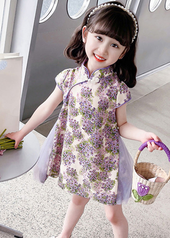 Unique Purple Stand Collar Print Mid Dress Summer