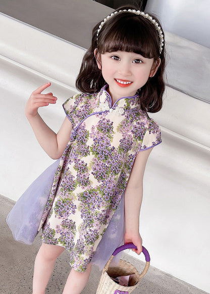 Unique Purple Stand Collar Print Mid Dress Summer