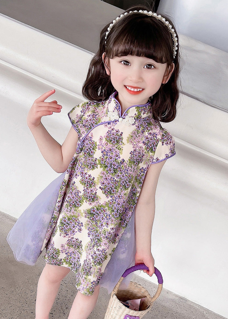 Unique Purple Stand Collar Print Mid Dress Summer