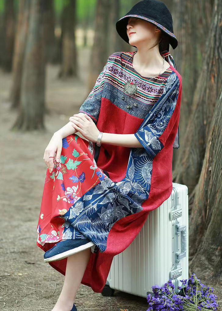Unique Red Style Patchwork Print Cotton Long Dress Short Sleeve