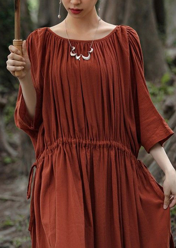 Unique Red O-neck Drawstring Maxi Dresses Half Sleeve