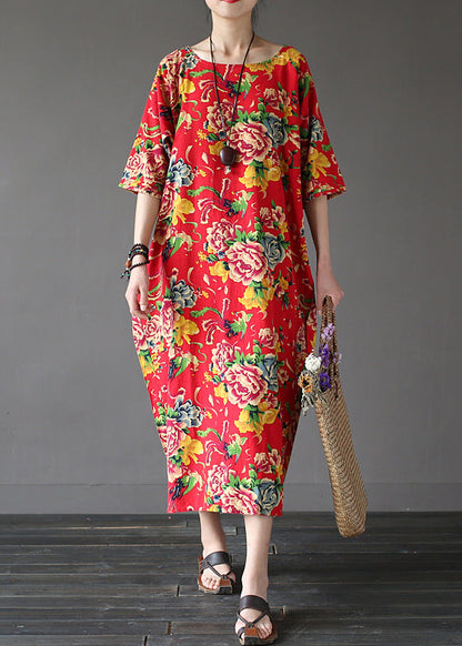 Unique Red O-neck Print Holiday Cozy Maxi Dress Summer