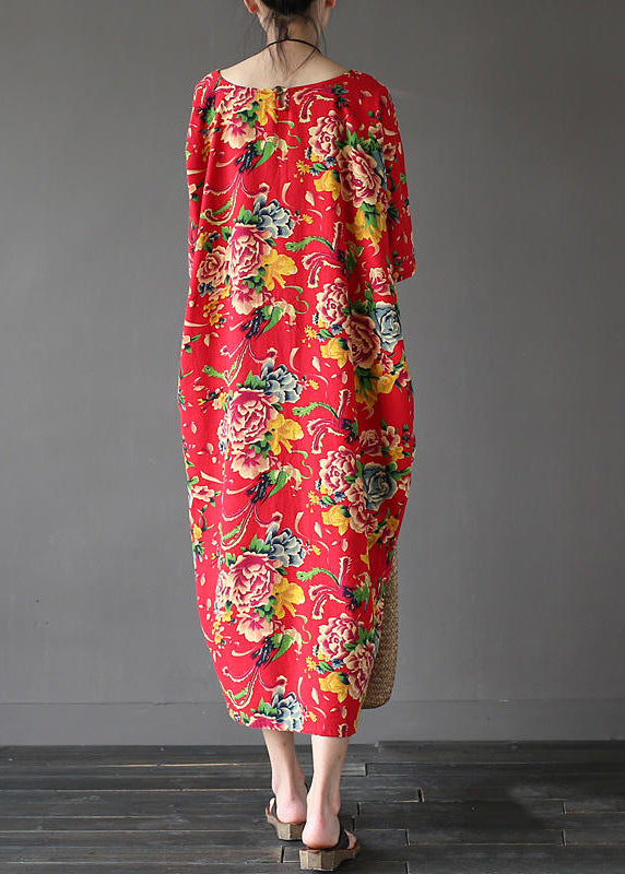 Unique Red O-neck Print Holiday Cozy Maxi Dress Summer