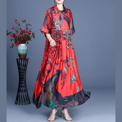 Unique Red Print Asymmetrical Design Mid Dress Summer Silk