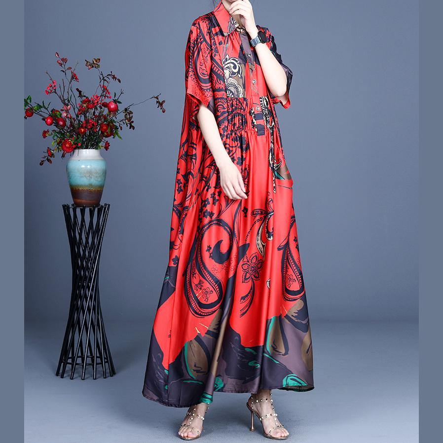 Unique Red Print Asymmetrical Design Mid Dress Summer Silk