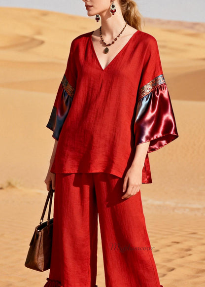 Unique Red Ruffled Patchwork Linen Silk Two Piece Set Outfits Summer