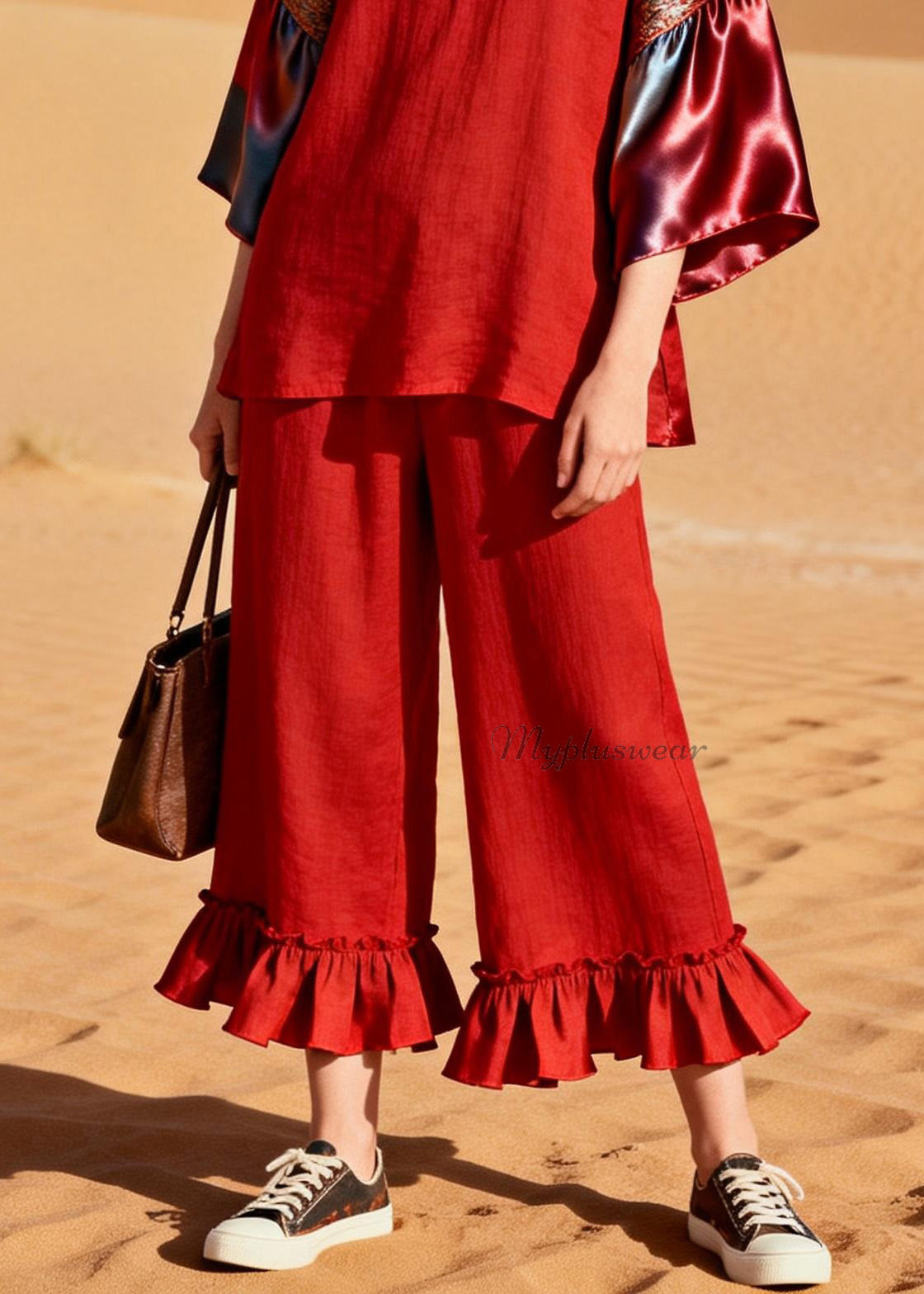 Unique Red Ruffled Patchwork Linen Silk Two Piece Set Outfits Summer