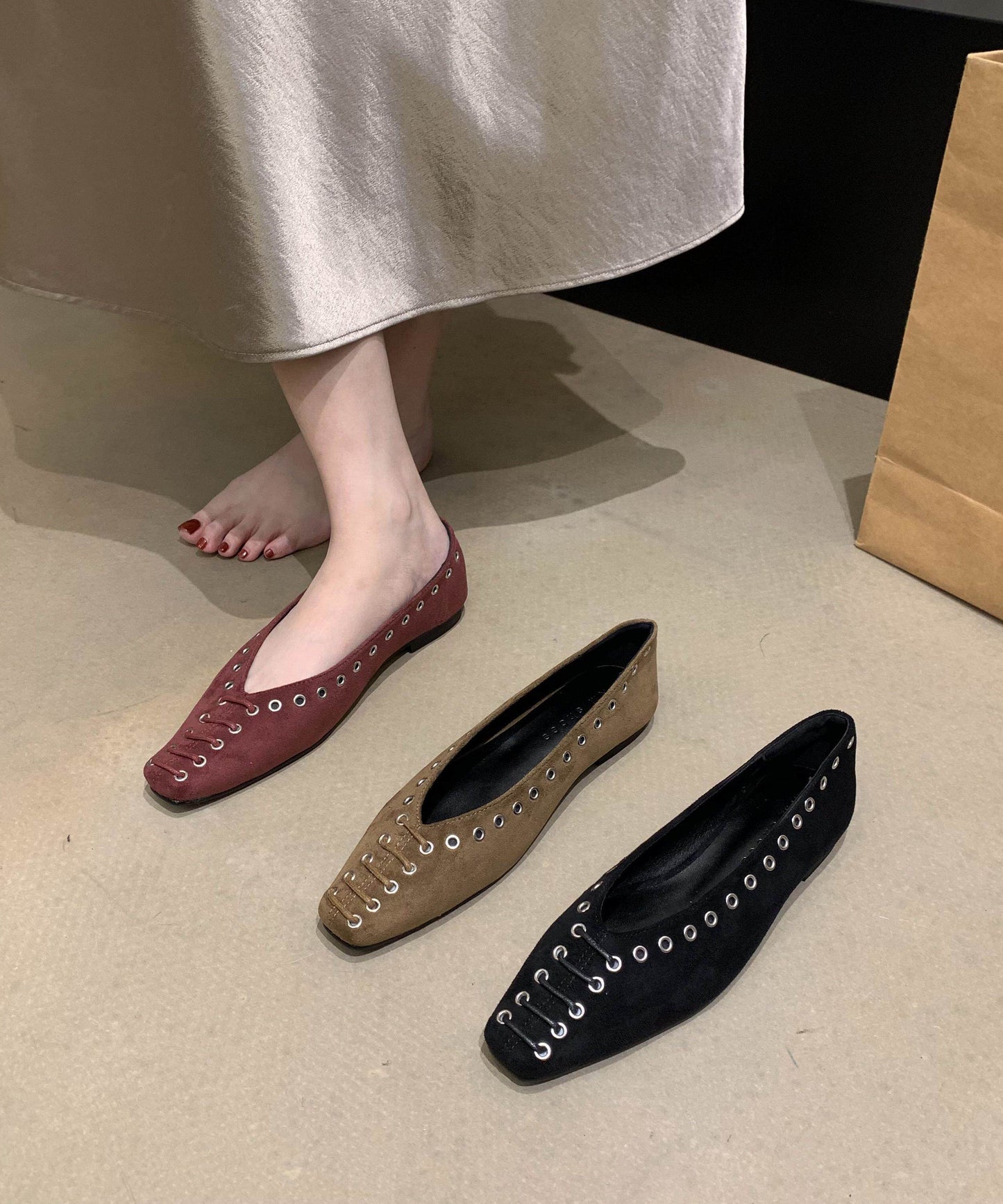 Unique Rivet Flat Shoes for Green Faux Leather