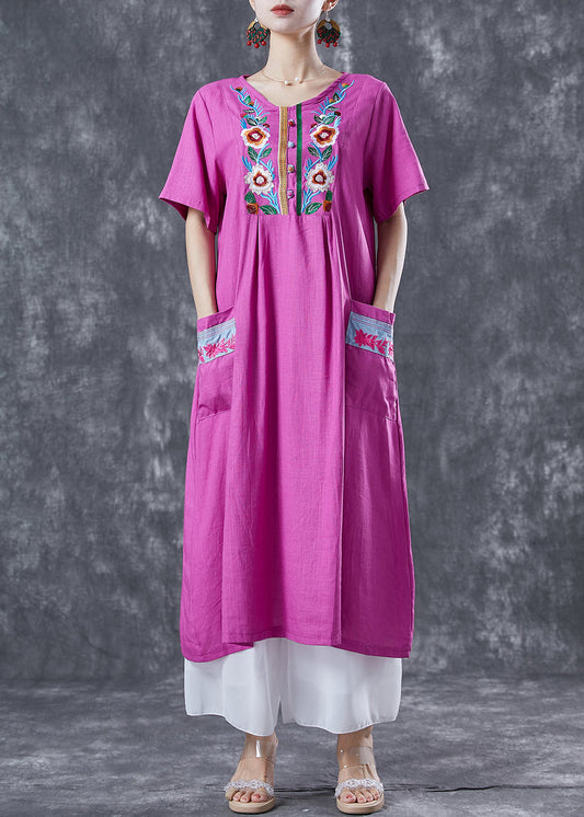 Unique Rose Embroideried Pockets Linen Holiday Dress Summer