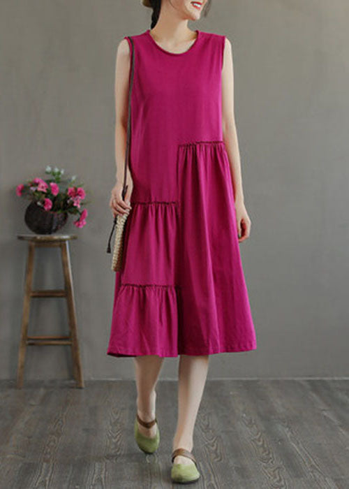 Unique Rose O-neck Wrinkled Cotton Maxi Dresses Sleeveless