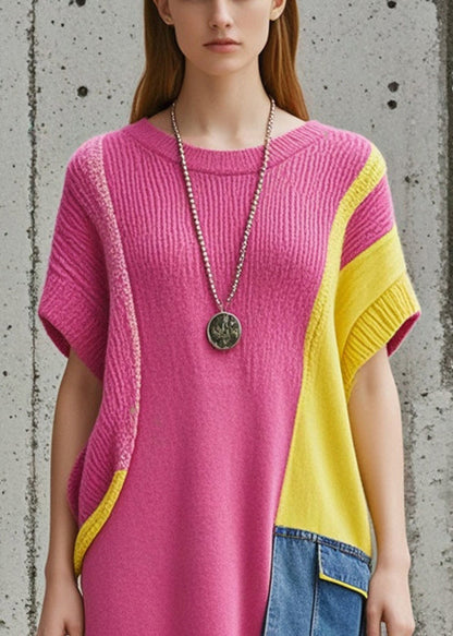 Unique Rose Oversized Patchwork Denim Knitwear Dress Short Sleeve